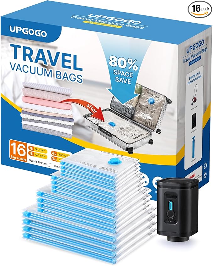 UPGOGO Combo 16 Pack Travel Vacuum Bags with Portable Electric Pump, Space Saver Vacuum Storage Bags for Clothing and Luggage, Travel Essentials