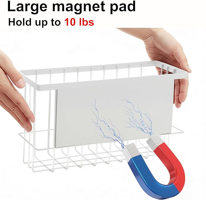 Magnetic Basket for Fridge, Magnetic Fridge Basket, Foil and Plastic Wrap Organizer with 4 hooks, Laundry Room Organization for Dryer Ball, Cling Film, Mail, Umbrella, White, 2 Pack