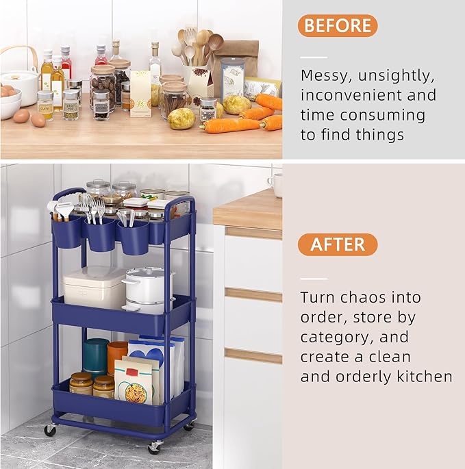 JIUYOTREE 3-Tier Plastic Rolling Storage Cart Utility Cart with Extra Hanging Cups Handles Lockable Wheels for Living Room Bathroom Kitchen Office Blue