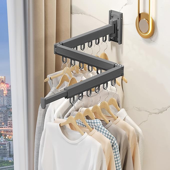 Wall Mounted Clothes Drying Rack - Foldable, Retractable Laundry Hanger with Grey-Rings