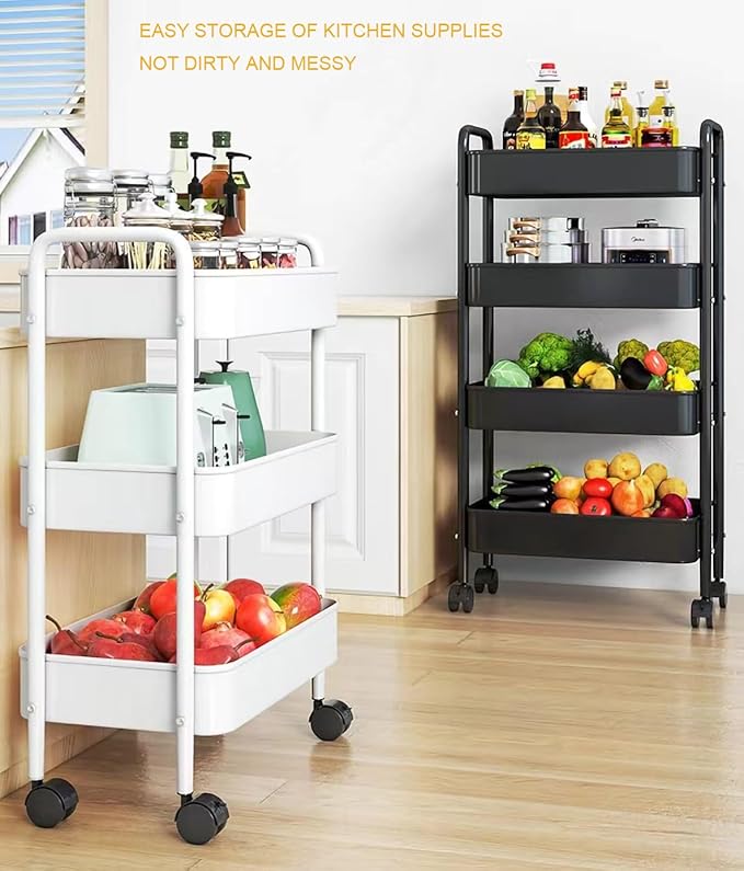 XIUSHE 3-Tier Metal Utility Cart Rolling Storage Organizer, Portable and Sturdy, with Wheels, Ideal for Office, Kitchen, Bathroom, Classroom, and More, Black