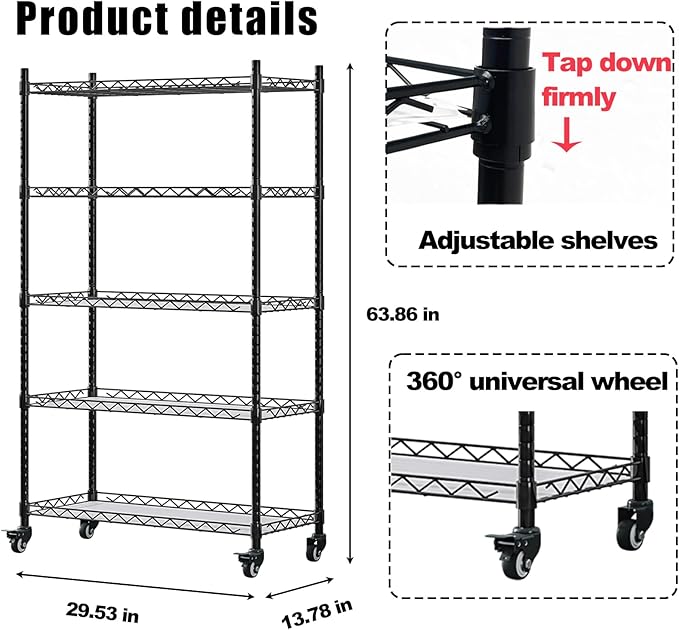 5 Shelf Storage Rack Adjustable Organizer with Wheels Metal Heavy Duty Standing Shelf Units for Terrace Garage Kitchen Bathroom Black 29.53” L x 13.78” W x 63.86” H (Black, 5 Shelf with Wheel)