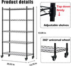 5 Shelf Storage Rack Adjustable Organizer with Wheels Metal Heavy Duty Standing Shelf Units for Terrace Garage Kitchen Bathroom Black 29.53” L x 13.78” W x 63.86” H (Black, 5 Shelf with Wheel)