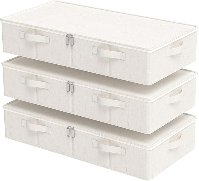 Underbed Storage Bins Drawer, Foldable Under Bed Boxes, Fabric Closet Container with Lid for Organizing Clothes, Sheets, Blankets, Comforter, 31.4x15.7x5.9in, Beige, 3 Pack
