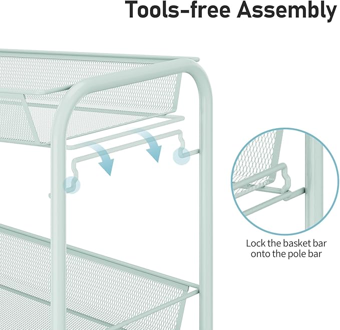 TOOLF 3-Tier Metal Rolling Cart, Mesh Wire Easy Assemble Utility Cart, Storage Trolley on Wheels with 3 Hooks, MetalStorage Shelving Units for Kitchen Bathroom Laundry Room