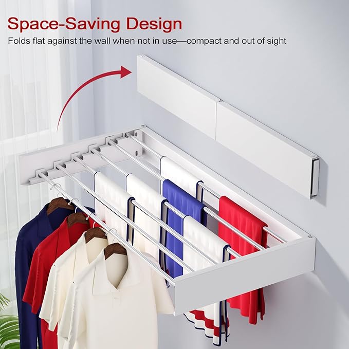 Wall Mounted Drying Rack 40", Foldable Laundry Drying Rack with Stainless Steel Rods, Retractable Laundry Space Saver for Indoor & Outdoor Use, Include Wall Template