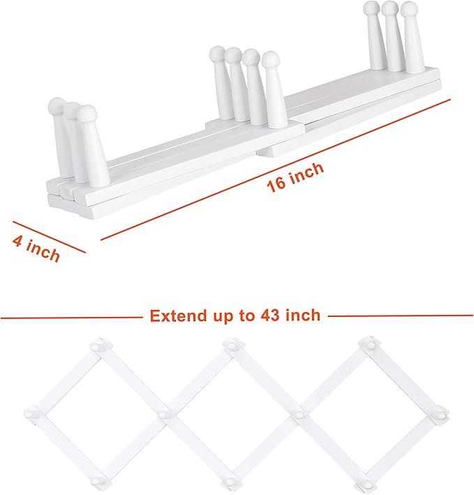 Dseap Accordian Wall Hanger: 16” High Wooden Wall Expandable Coat Rack, Hat Rack Holder, Accordion Hook for Baseball Caps, Coats, Mugs, 10 Peg Hooks, White