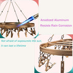 Anodized Aluminum Underwear Drying Rack - 26 Non-Slip Clips, and Wind-Resistant Hook, Laundry Drying for Socks, Baby Clothes, Underwear, and Delicates. Oval & One-Piece Design, (Rose Gold)