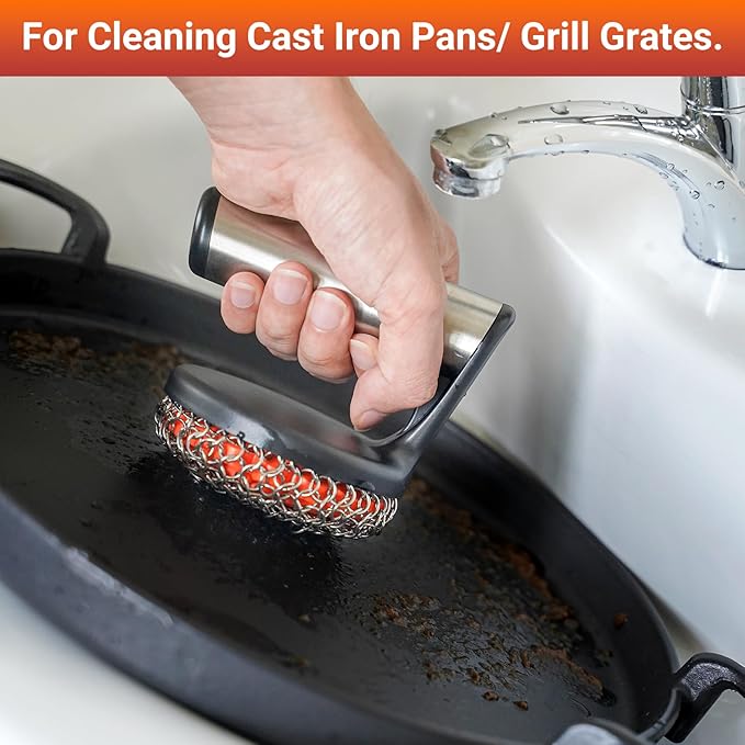 Skyflame Cast Iron Scrubber with Handle, Stainless Steel Chainmail Scrub, Skillet Cleaner/Brush for Cast Iron Pans, Griddles, Dutch Oven and Grills