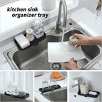 Silicone Bathroom Soap Dishes with Drain Spout-Bathroom and Kitchen Sink Organizer,Sponge Holder,Dish Soap Tray,Perfect for Dispenser,Scrubber,Bottle,Cup on Sink or Counter-Black 9.6"×5.3"