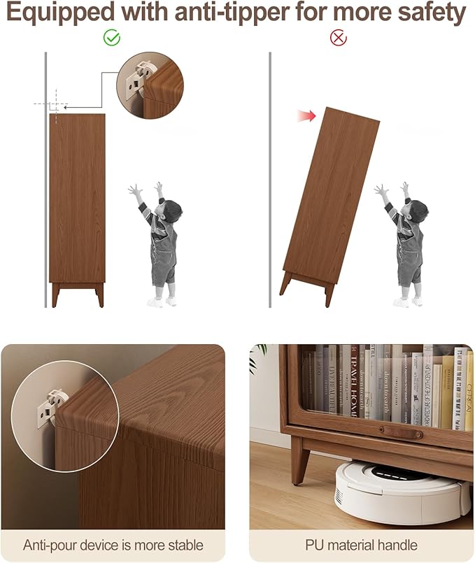 Solid Wood Bookcase 4-tire with Tempered Glass Flip-Up Doors,60Hx32Dx13.7W Bookshelves Finish Cube Storage Organizer,Bookshelf Versatile Pantry Cabinet for Living Room Home Office