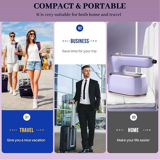 Portable Steam Iron，970W Dry Wet Dual Ironing Steam Hanging Ironing Machine，20S Rapid Preheating Large Water Tank Iron with Ergonomic Handle, Suitable for Home, Travel, Dormitory & Office (Purple)
