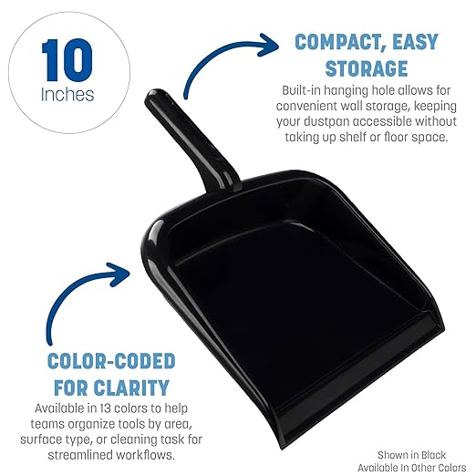 SPARTA Large Handheld Dustpan with Hanging Hole, Heavy-Duty Plastic Dustpan with Wide Lip for Countertops and Surfaces, Plastic, 10 Inches, Black