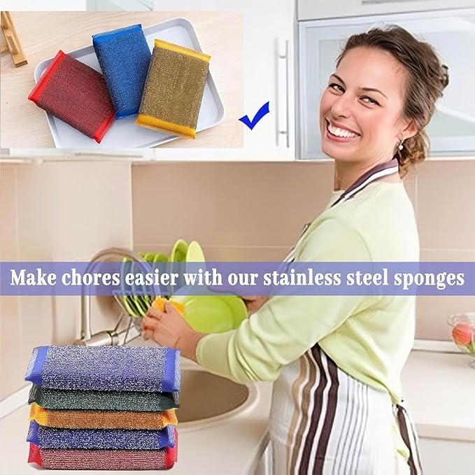 Steel Wool Scrub Sponges – Non-Scratch Microfiber Kitchen Scrubbers for Pots, Pans, and Household Cleaning – Heavy-Duty, Reusable Sponges (Yellow)