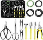 MOSFiATA Bonsai Tools Set 13 Pcs High Carbon Steel Succulent Gardening Trimming Tools Set Include Pruning Shears, Scissors, Mini Rake, Round and Pointed Shovel &Training Wire in PU Leather Bag