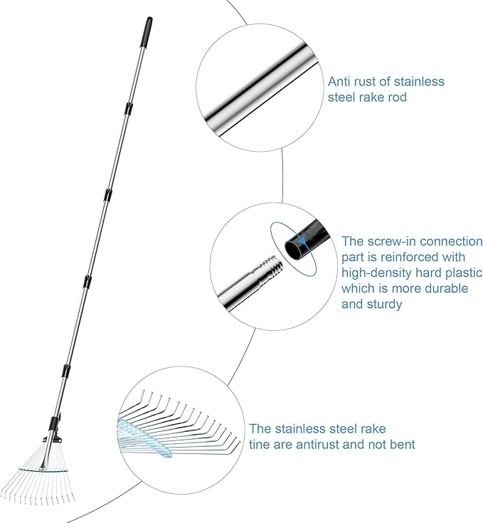 Garden Rake for Leaves, Heavy Duty Metal Adjustable Leaf Rake for Lawns, Length 37"-81", Adjustable Expandable Head 8"-15", Garden Tools for Lawn Garden Yard Flowers Beds Bush