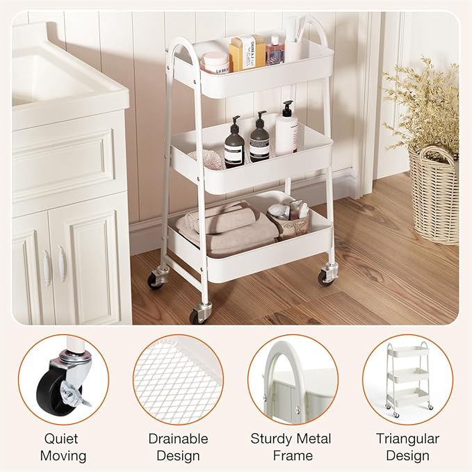 3-Tier Metal Rolling Utility Cart, Small Rolling Cart Kitchen Trolley Bathroom Laundry Room Bar Office Shelves Storage Organizer Shelving Unit with Caster Wheels for Narrow Places, White