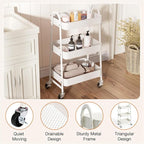 3-Tier Metal Rolling Utility Cart, Small Rolling Cart Kitchen Trolley Bathroom Laundry Room Bar Office Shelves Storage Organizer Shelving Unit with Caster Wheels for Narrow Places, White