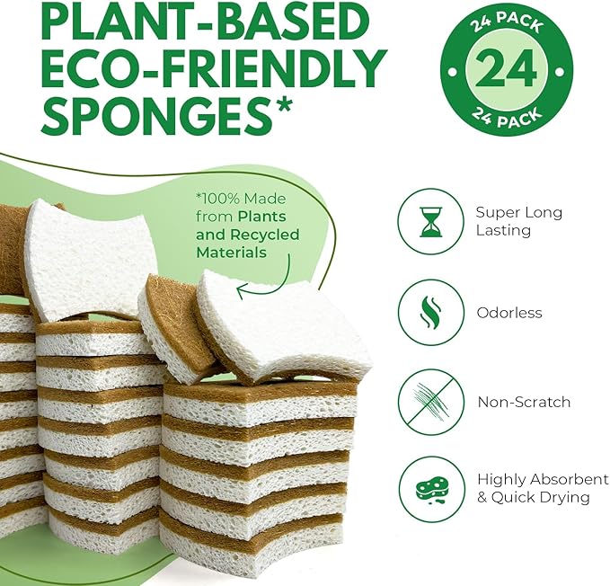 Biodegradable Natural Kitchen Sponges Pack of 24 - Cellulose and Coconut Kitchen Dishwashing Scrubbers - Eco Friendly Non-Scratch Heavy Duty Kitchen Sponges and Scrubbers for Dishes