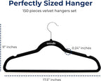 SereneLife 150 Pack Velvet Hangers - Non-Slip Felt Hangers with 360° Swivel Hook, Space-Saving, Ultra-Thin, Lightweight for Shirts, Sweaters, Hoodies, Kids Clothes & Dresses (Black)