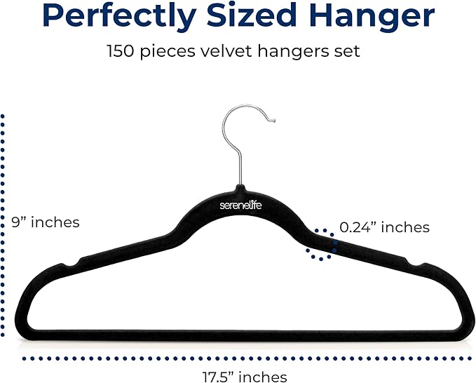 SereneLife 150 Pack Velvet Hangers - Non-Slip Felt Hangers with 360° Swivel Hook, Space-Saving, Ultra-Thin, Lightweight for Shirts, Sweaters, Hoodies, Kids Clothes & Dresses (Black)