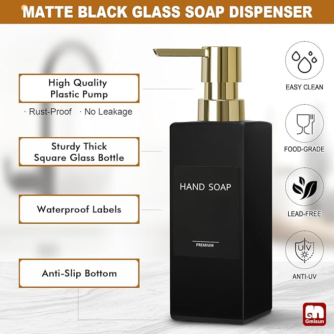 GMISUN Dish Soap Dispenser for Kitchen, 12 Fl oz / 350 ml Kitchen Soap Dispenser with Sponge Holder, Modern Black Glass Soap Dispensers with Gold Pump, Customized Hand and Dish Soap Dispensers Set