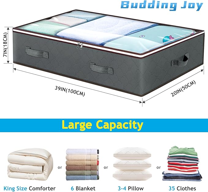 90L Under Bed Storage Containers, Large Capacity Underbed Storage Bags Organizer, Thick Fabric Storage Bins with Clear Window and Reinforced Handles for Blanket Comforter Bedding Clothes, 8 Pack