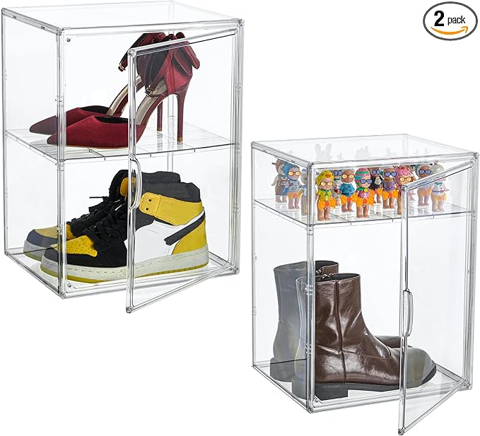 XXX-Large Clear Acrylic Display Case Boot Shoe Storage Boxes With An Adjustable Divider,2 Pack 2 Tiers Clear Plastic Stackable Storage Bins With Lids Big Display Acrylic Box With Magnetic Door