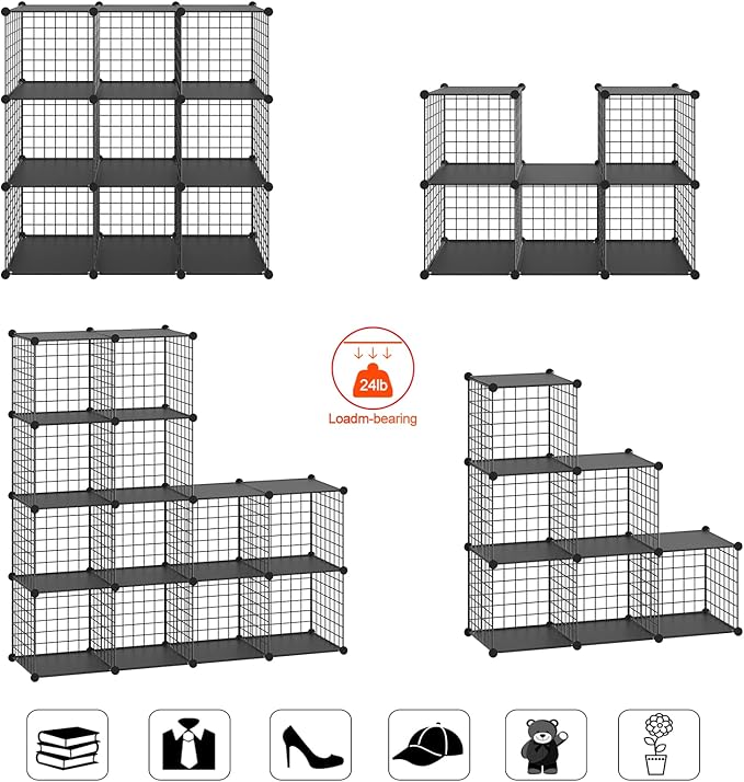 HUBSON Wire Cube Storage Organizer, Book/Toy/Craft/Potted Plants and petCloset Organizers and Storage Shelves?6-Cube Freely Combinable Metal Grids Storage Shelf,Black Plus Iron
