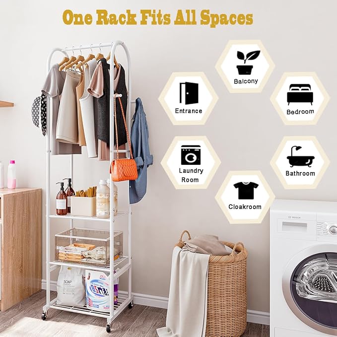 Clothes Rack With Wheels and 3-Tier Metal Shelves,Clothing Rack For Hanging Clothes With 4 Hooks,Garment Rack Wardrobe Organizer for Small Space,Black (white, 16.54 * 18.23 * 72.05)