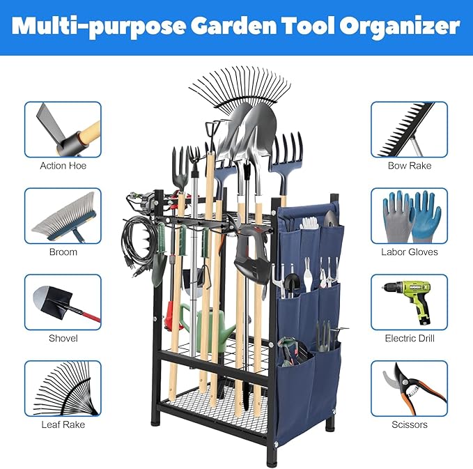 3-Tier Garden Tool Organizer Rack, Heavy Duty Metal Yard Tool Stand for Garage, Shed, Outdoor, Holds Up to 50 Long-Handled Tools, Rakes, Brooms, Shovels