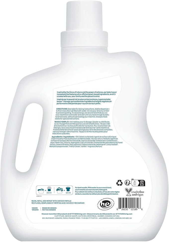 ATTITUDE Baby Laundry Fabric Softener Liquid, Vegan and Naturally Derived Detergent, Plant Based, HE Washing Machine Compatible, 80 Loads, Chamomile, 67.6 Fl Oz (AMAZON EXCLUSIVE)