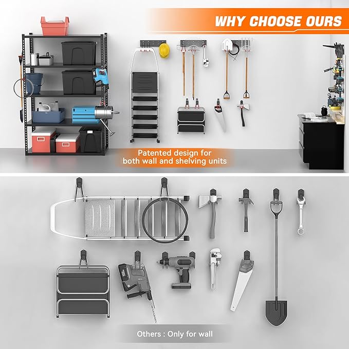 TORACK 24 PCS Garage Storage Hooks with Tracks, Wall Mount Tool Organizer for Garden Tools, Ladders, Cords, Folding Chairs, Shovels and Rakes, Shelving Hooks for Keyhole Style Shelving Units