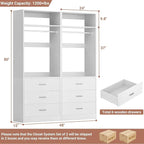 Besiost Closet System Set of 2, 4FT Closet Systems with 6 Wood Drawers, 48" Closet Organizer System with 2 Hanging Rods & 2 Shelves, Heavy Duty 48 Inch Walk-in Closet , White (48"L x 15" W x 80" H)