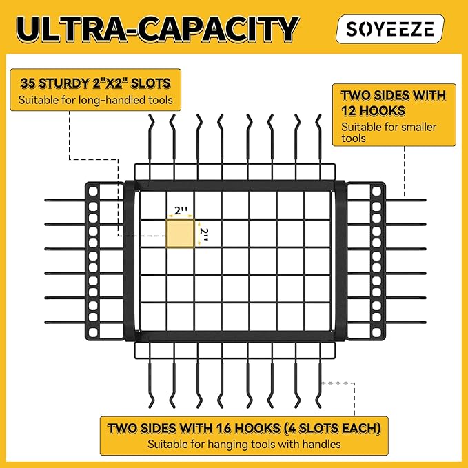 SOYEEZE Garden Tool Organizer with Lockable Wheels, Heavy Duty 3-Tier Yard Tower Tool Rack for Garage, Holds Up to 35 Long-Handled Tools, Garden Tool Cart with 12 Hooks for Tool Organization Storage