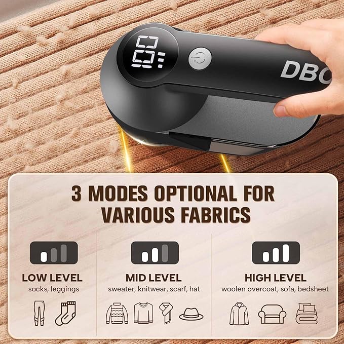 DBC Fabric Shaver, 3-Speed Lint Remover for Clothes LED Display, 15000r/Min Powerful Motor, Large Shaving Head Lint Shaver for Clothes, 6-Leaf Blades, Lint Ball, Furniture, Fuzz, Black & Silver