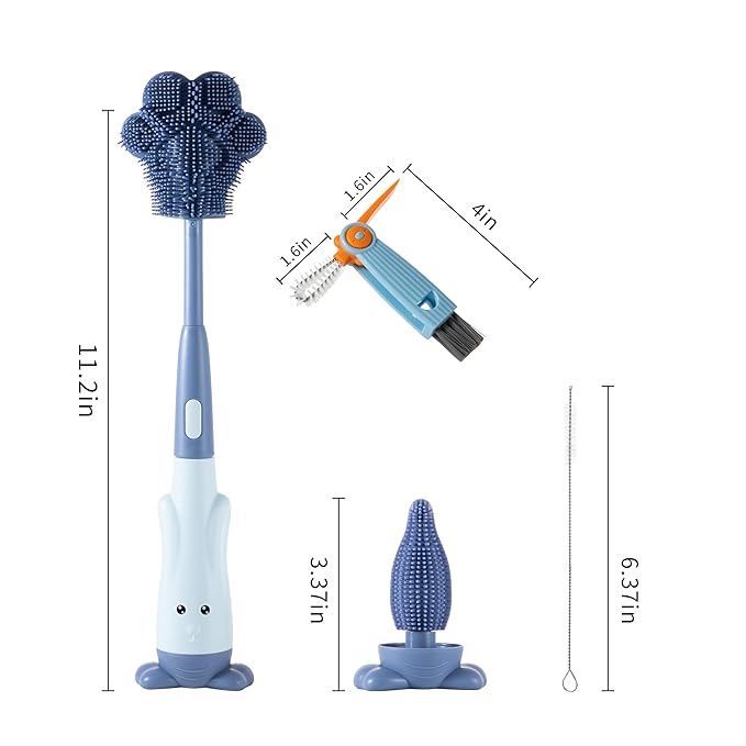 Cup Cleaning Brush, Silicone Baby Bottle Brush with Stand, Large Handle Water Bottle Brush Cleaner Set, with a Tiny Cup Lid Gap Cleaning Brushes Kit, Pawprint, Blue