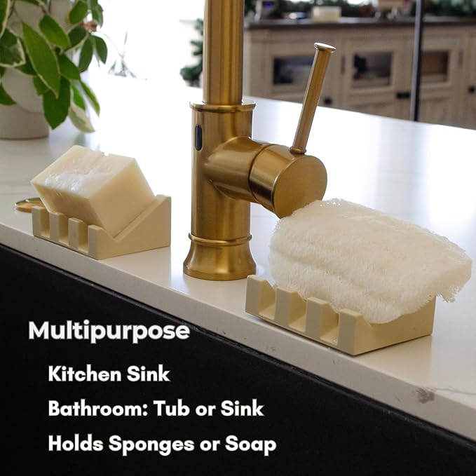 Silicone Soap Dish – 2 Pack, Waterfall Drainer Soap Holder for Bathroom, Suction Cups for Non-Slip Saver for Bar Soap, Sponge Holder & Sink Organizer, Extend Life, Durable & Easy to Clean (Sand)