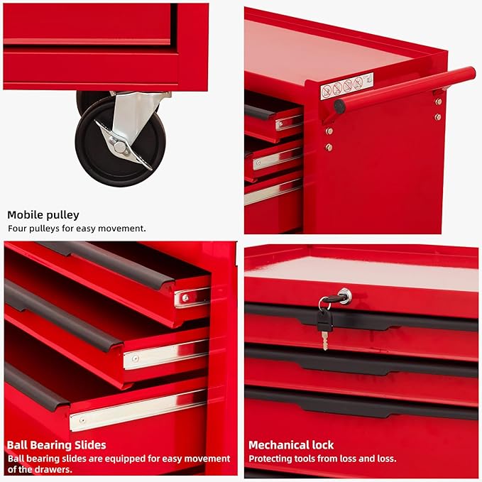 Tool Chest Cabinet, Large Capacity Metal Tool Box with Wheels and Cylinder Locking, Roll Around Storage Organizer Tool Cart for Garage, Redtool cabinets on Wheels (Red, 7-Drawer-Wheels)