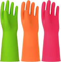 3 Pairs Rubber Cleaning Gloves Latex Free Dishwashing Gloves - 13" Reusable Nitrile Gloves Small, Green+Orange+Red