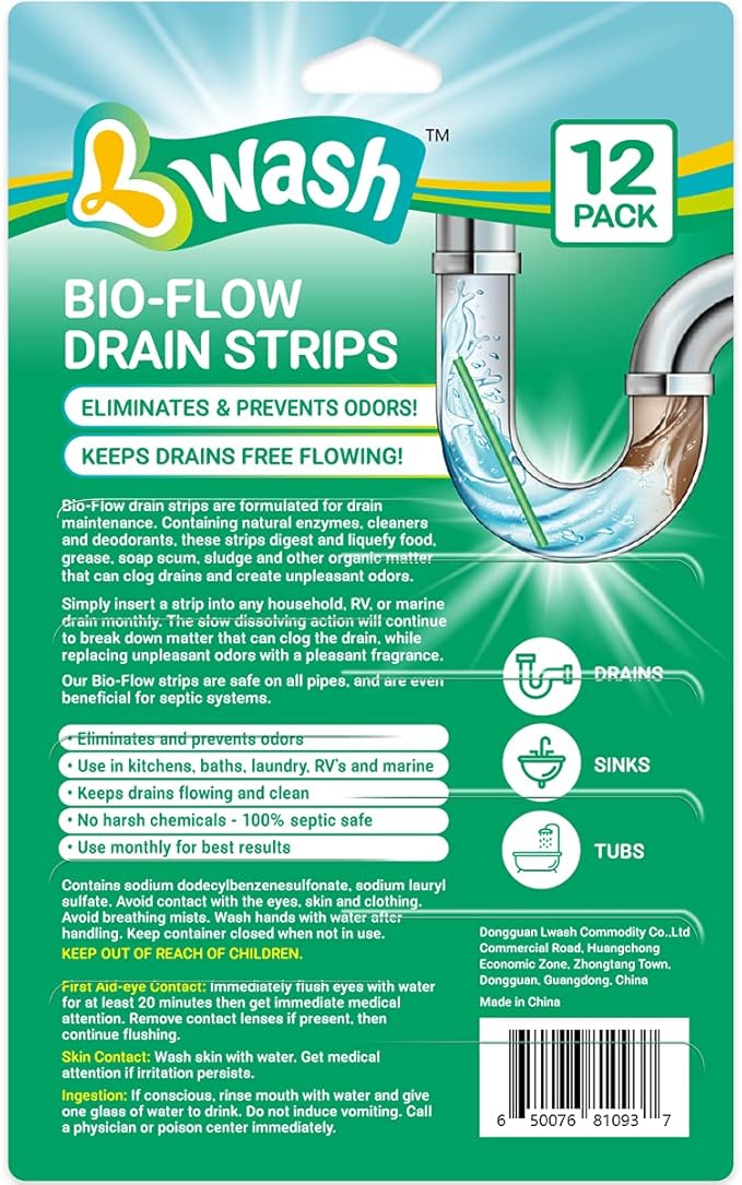 Bio-Flow Drain Strips - 12 Strips | Drain Cleaner & Odor Remover Drain Sticks