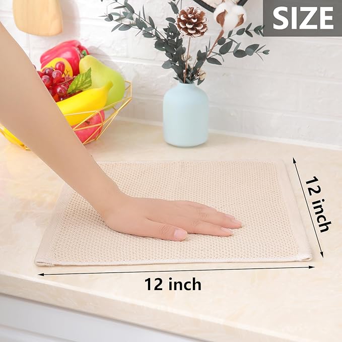 Homaxy 100% Cotton Waffle Weave Kitchen Dish Cloths, Ultra Soft Absorbent Quick Drying Dish Towels, 12 x 12 Inches, 12-Pack, Beige