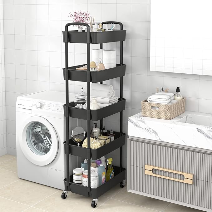 Sywhitta 5-Tier Plastic Rolling Utility Cart with Handle, Multi-Functional Storage Trolley for Office, Living Room, Kitchen, Movable Storage Organizer with Wheels, Black