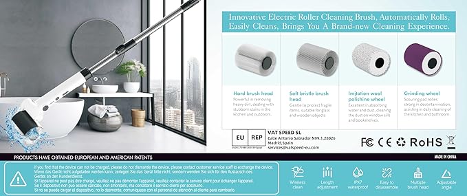 Roller Electric Spin Scrubber - 2-Speed Waterproof Cordless Power Cleaning Brush, 4 Multi-Purpose Brush Heads & Telescopic Pole for Deep Floor, Bathroom, Furniture, Glass & Car Cleaning