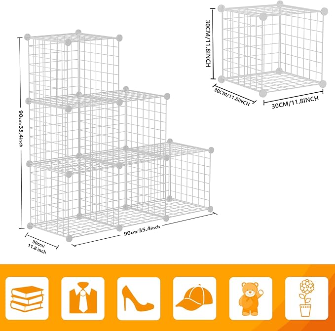 HUBSON Wire Cube Storage Organizer, Book/Toy/Craft/Potted Plants and petCloset Organizers and Storage Shelves, 6-Cube Freely Combinable Metal Grids Storage Shelf, White Iron