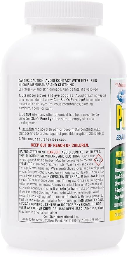 ComStar Pure Lye | 99% Pure Sodium Hydroxide Beads | Eco-Friendly, Industrial Strength, Drain Opener | Safe on Fixtures | Static-Free, Unique Beads for Soap Making | 2 lb. (PACK OF 12)