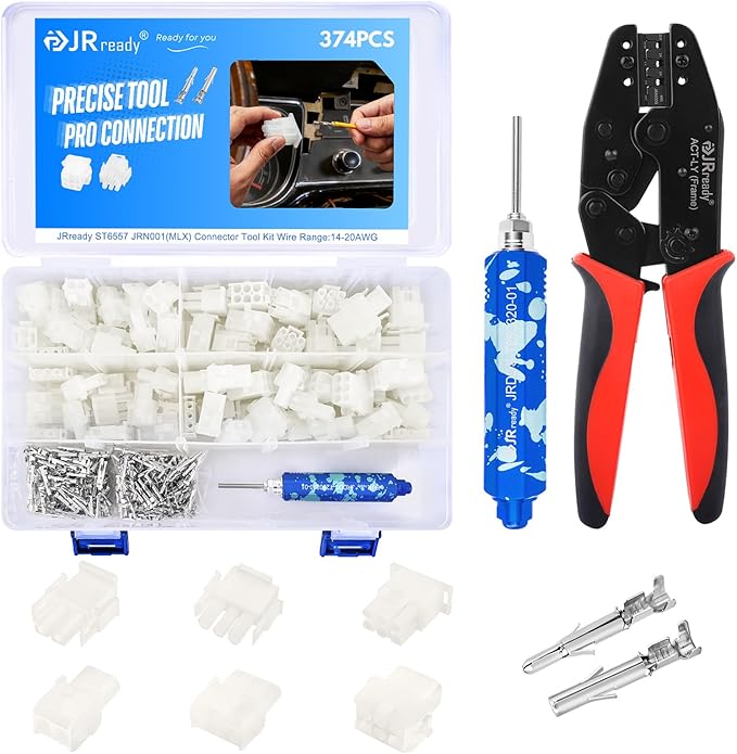 JRready ST6557 MLX 13.5A Connector Kit Crimper Pin Extraction Tool 2 3 6 Pin Power Connectors Male Female 14-20AWG Crimp Terminals Automotive Electrical Molex .084” Wire Connectors 6.35mm Pitch