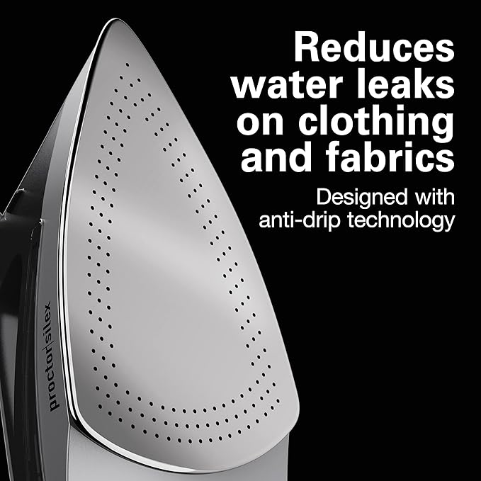 Proctor Silex Steam Iron for Clothes with Durable Stainless Steel Soleplate, 1500 Watts, 8’ Retractable Cord, 3-Way Auto Shutoff, Anti-Drip, Gray and Black (14250)