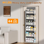 Over The Door Organizer with 6 Large Pockets, Over the Door Storage 12 Side Pockets, Hanging Door Organzier 44 lb Load Behind Door Storage Hanging Shelf for Closet Wall Bathroom Nursery, 6-Tier Grey