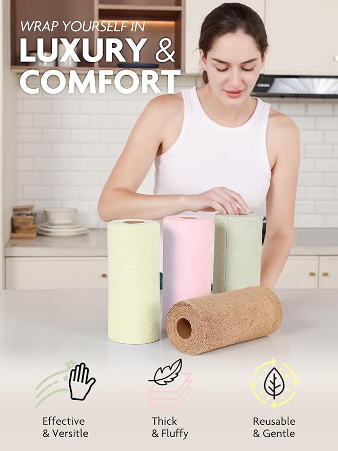 Fantasticlean Tear-Away Dish Cloth- 80 Sheets, 4 Rolls - 10'' by 10'', Reusable Washable Kitchen Towels, Super Absorbent Microfiber Cleaning Cloths (Pink,Grayish,Beige,Tan)